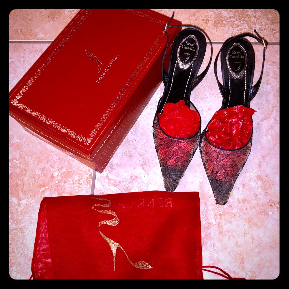 Rene Caovilla lace sling backs